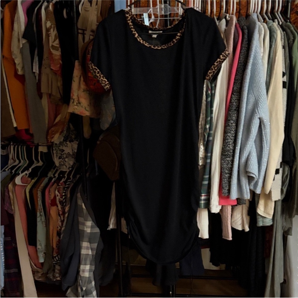 🐆🖤 Umgee Black Leopard-Trim Coverup Dress – Size L 🖤🐆